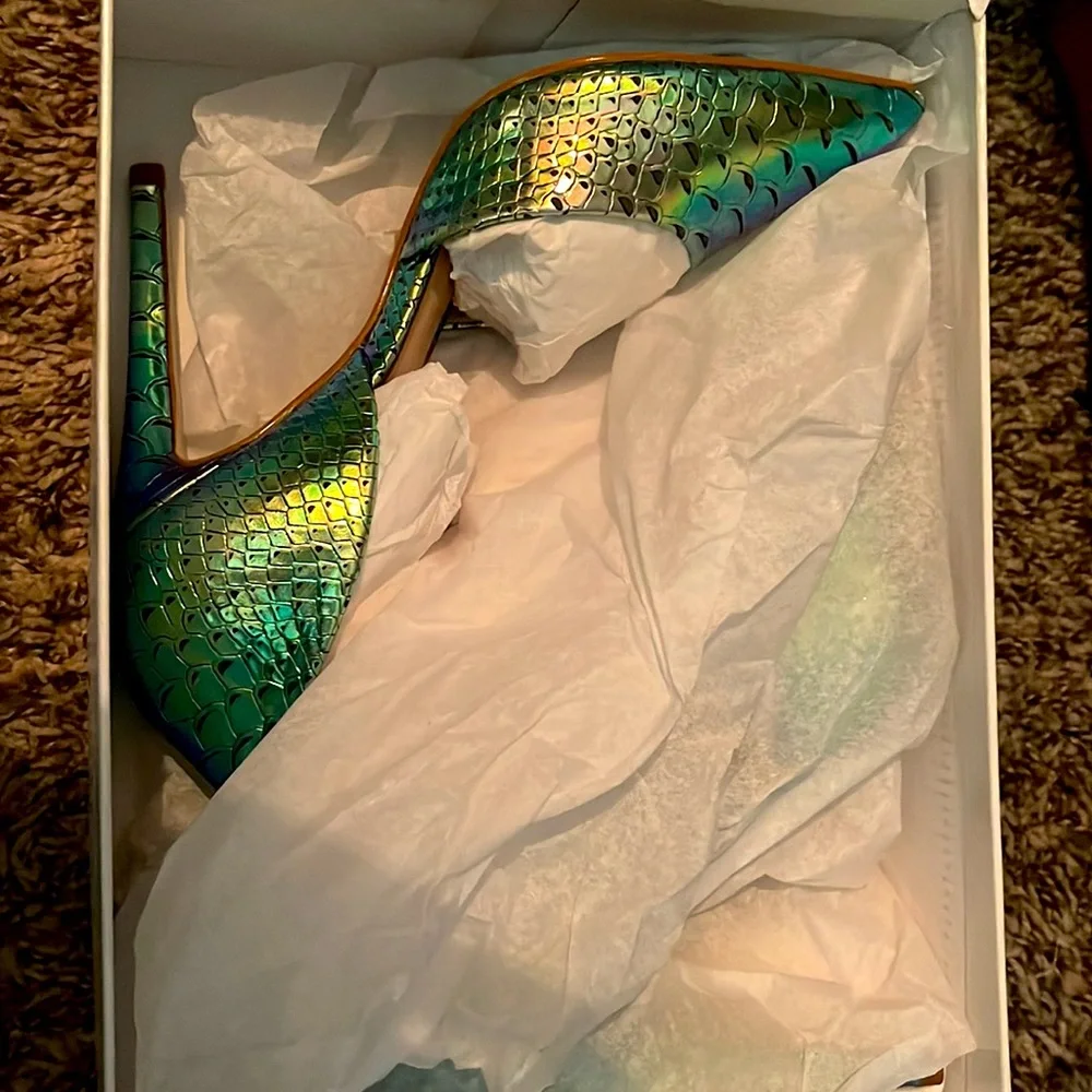 👠NWB STEVE MADDEN HYPNOTIC TURQUOISE CROCODILE HEELS. Lim Ed; SZ 5 fits 5.5 - Picture 4 of 7